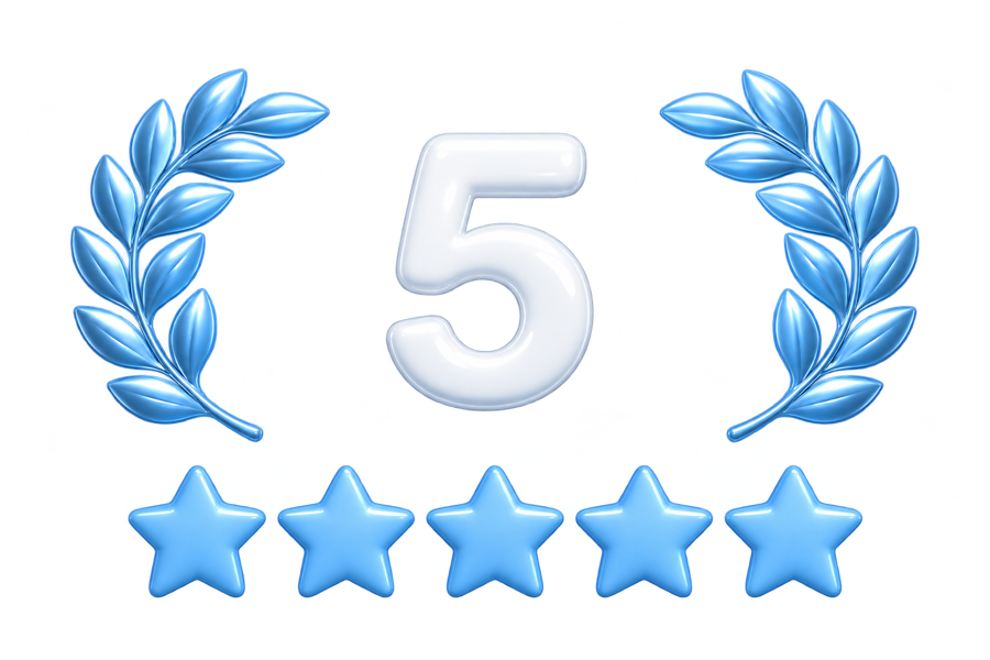 A five-star rating framed by a laurel wreath