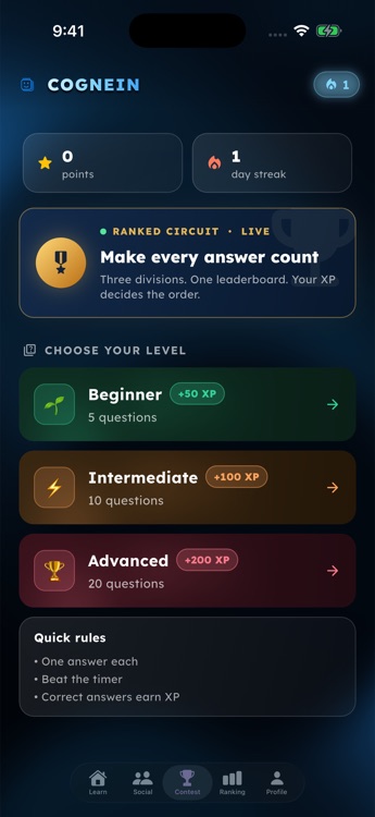 The Cognein app Contest screen: choose Beginner, Intermediate, or Advanced to earn XP on a ranked circuit
