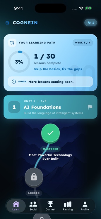 The Cognein app home screen: a learning path progress ring and a unit of lessons that unlock in order