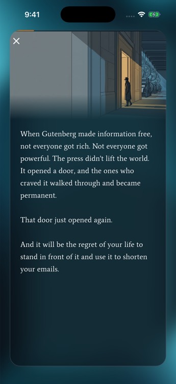 A Cognein lesson screen: an illustrated slide connecting Gutenberg's printing press to the AI moment, ending in a pointed one-line takeaway