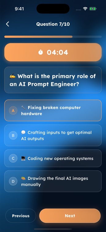 A Cognein quiz mid-answer: Question 7 of 10, with an answer already selected and Next ready