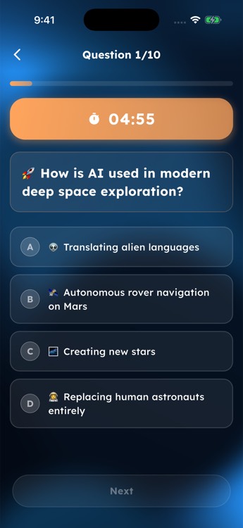 A Cognein quiz, Question 1 of 10, on how AI is used in space exploration